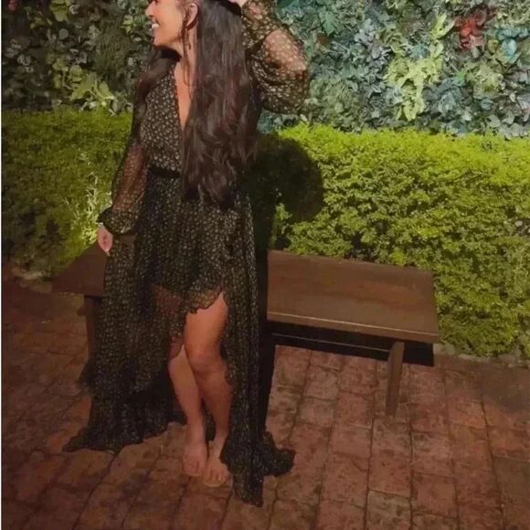 CAROLINE CONSTAS Vivian Winter Rose Black Floral Full Length 100% Silk Dress XS - Picture 6 of 15